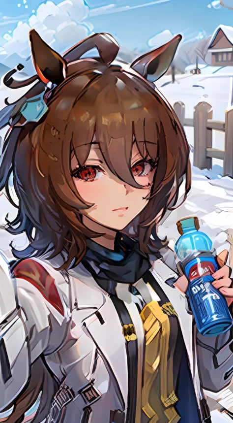 Close-up of a person holding a water bottle, anime girl drinks energy drink,、crisp clear rpg portrait, By Shinkai Makoto ( Apex ...