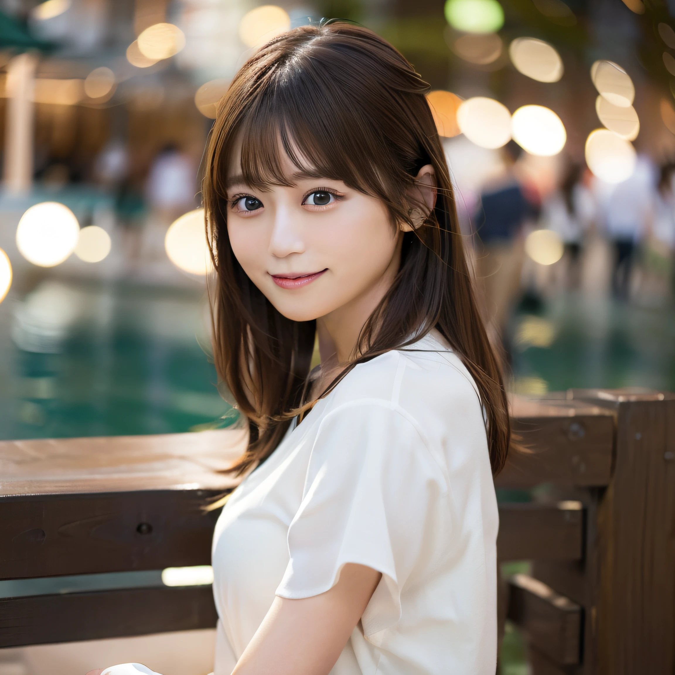 8k,Best Quality, 超A high resolution, (Photorealistic:1.4), Raw photo, (upper thigh:1.3, From Side:1.1), (bokeh:1.4), (in a suite),Waterside Cafe, 1 Japanese girl, Cute, (独奏:1.6), (Shy smile), (Dark brown eyes), Smooth skin, (Brown medium hair,bangs), (touch hair:1.4),nogizaka,a park,Fashionable clothes、full bodyesbian、:1.2:1.2