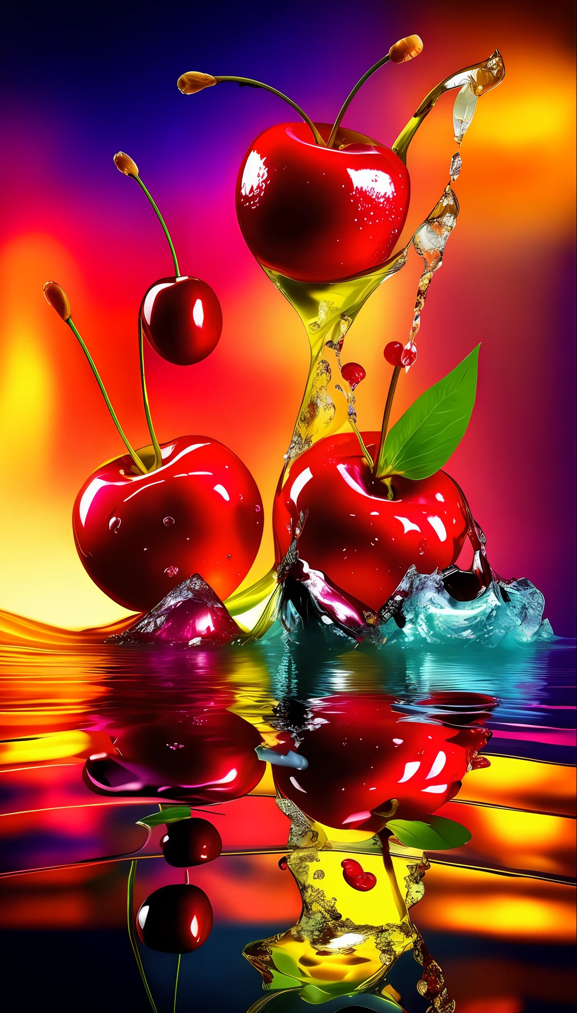 There are two cherries and one cherry in the water, colorful hd picure, wallpaper - 1 0 2 4, 4 k hd wallpapear, amazing wallpapers, gems and diamond for fruit, Fruits, cherry explosion, cherries, digital art picture, professional fruit photography, wallpaper hd, liquids, Beautiful wallpaper, Colorful apples, beautiful composition 3 - d 4 k