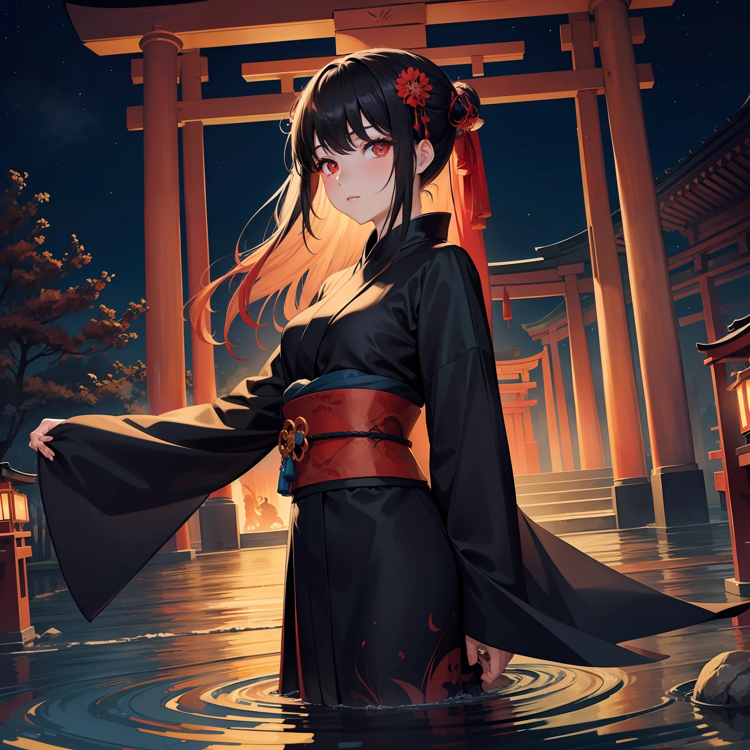 "A beautiful and aesthetic watercolor painting featuring a girl. She has unique hair - half black and half red, reminiscent of a spider lily (Higanbana). She dances in front of a large torii gate, under a starry sky that seems within reach, on a dark night. The scene is further enhanced by the presence of water, liquid elements, and vivid colors. The girl is dressed in a black kimono, and the landscape surrounding her is breathtaking. Illuminated lanterns glow softly, adding to the surreal and mystical aura of the shrine. Overall, it's a supremely fantastical portrayal."