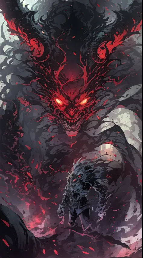 The gates of hell are open, 火焰, Huge black-scaled youkai, Grasp the gates of hell with both hands, He opened the basin of blood，Roared angrily。, Red glowing eyes, Devil's Horn, Rotten white ossified body, Gothic art, Ray tracing, reflective light, back lit...