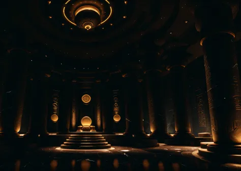 incredible black luxurious futuristic interior in Ancient Egyptian style with lotus flowers, palm trees, hieroglyphics, rocky wa...