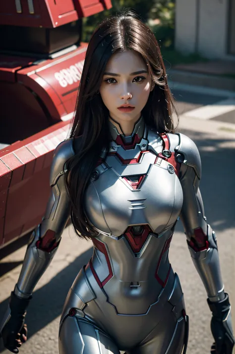 ironman suit, angry face, ((best quality, 8k, masterpiece:1.3))), crisp focus: 1.2、(layer cut, big:1.2),beautiful woman with per...