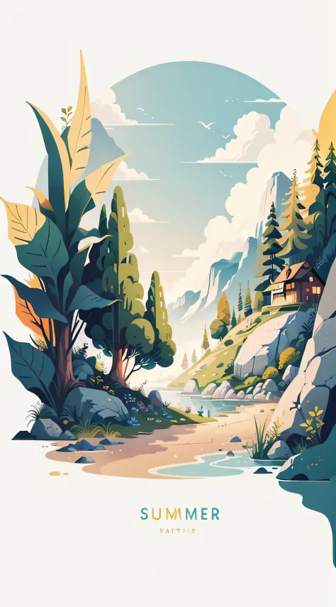 Summer!Mobile wallpaper illustration,Nature views, Minimalist illustration, Line illustration, Colorful