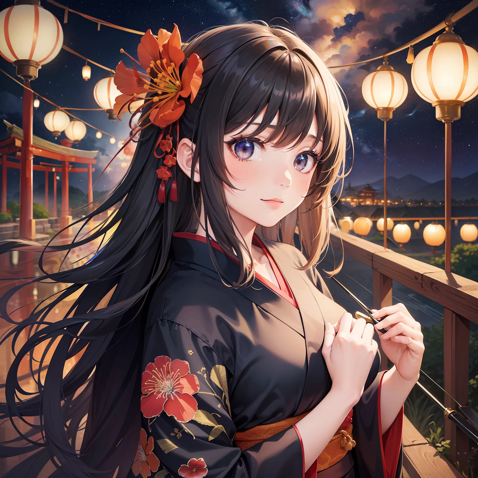 "A beautiful and aesthetic watercolor painting features a girl. She has stunning hair that is adorned with spider lily (Higanbana) flowers, displaying colorful strands that are half black and half red, much like the beautiful licorice flowers. She is dressed in a black kimono and dances in front of a large torii gate. The setting is a dark night with a nearby starry sky, filled with stars that almost seem within reach. Elements of water and vivid colors further enhance the scene. The landscape is not just breathtaking, but also conveys a sense of mystery. Lanterns glow with a fantastical light around the shrine, creating an overall mystical aura. Altogether, it's a supremely fantastical image."