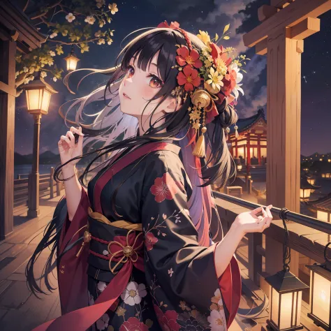 "A beautiful and aesthetic watercolor painting features a girl. She has stunning hair that is adorned with spider lily (Higanbana) flowers, displaying colorful strands that are half black and half red, much like the beautiful licorice flowers. She is dress...