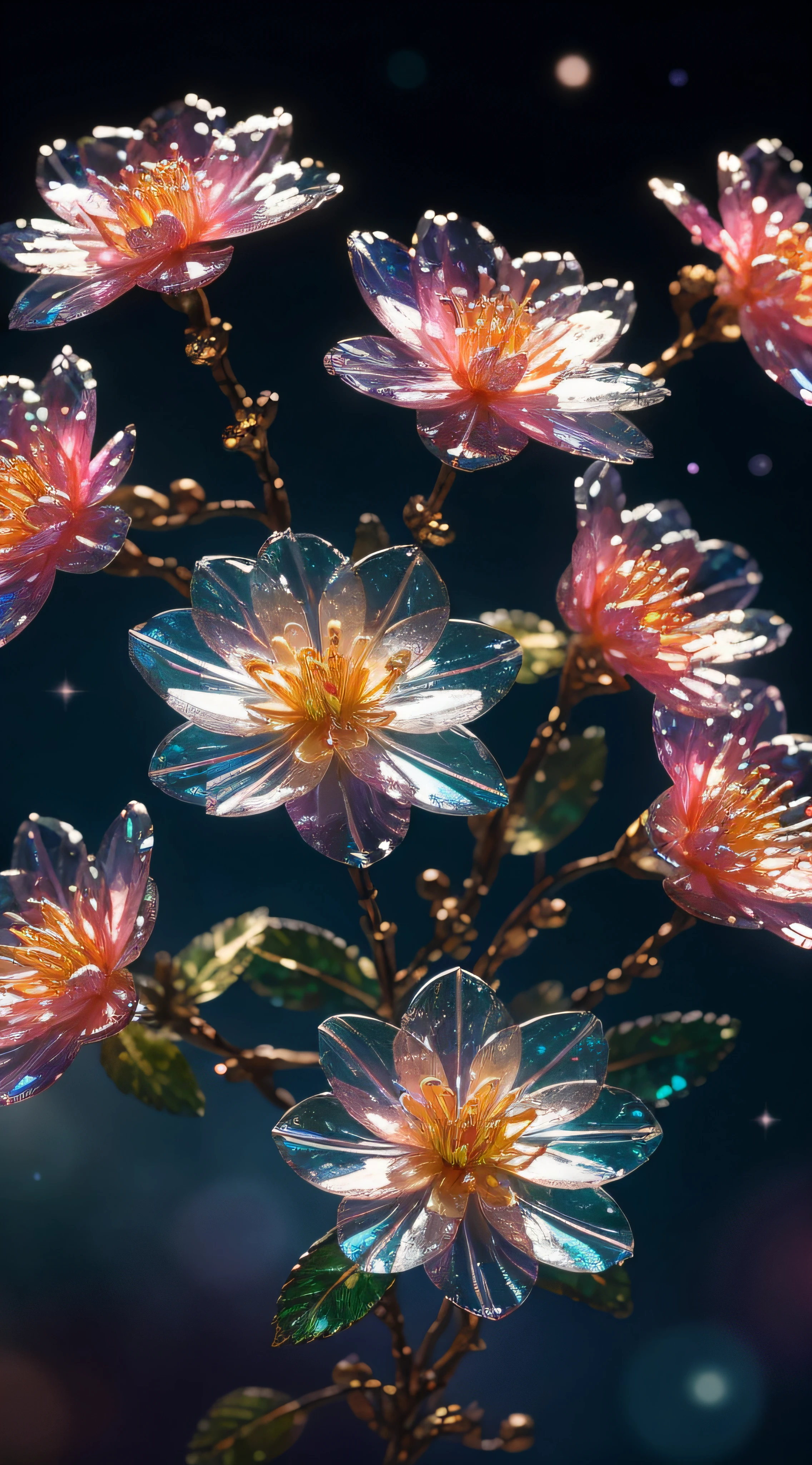 crystal spring blossom,
fantasy, galaxy, transparent, 
shimmering, sparkling, splendid, colorful, 
magical photography, dramatic lighting, photo realism, ultra-detailed, 4k, Depth of field, High-resolution