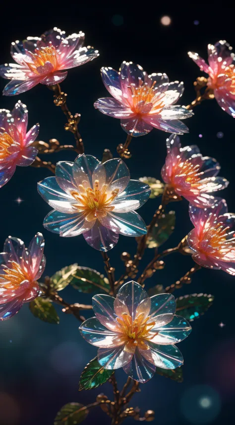 crystal spring blossom,
fantasy, galaxy, transparent, 
shimmering, sparkling, splendid, colorful, 
magical photography, dramatic...