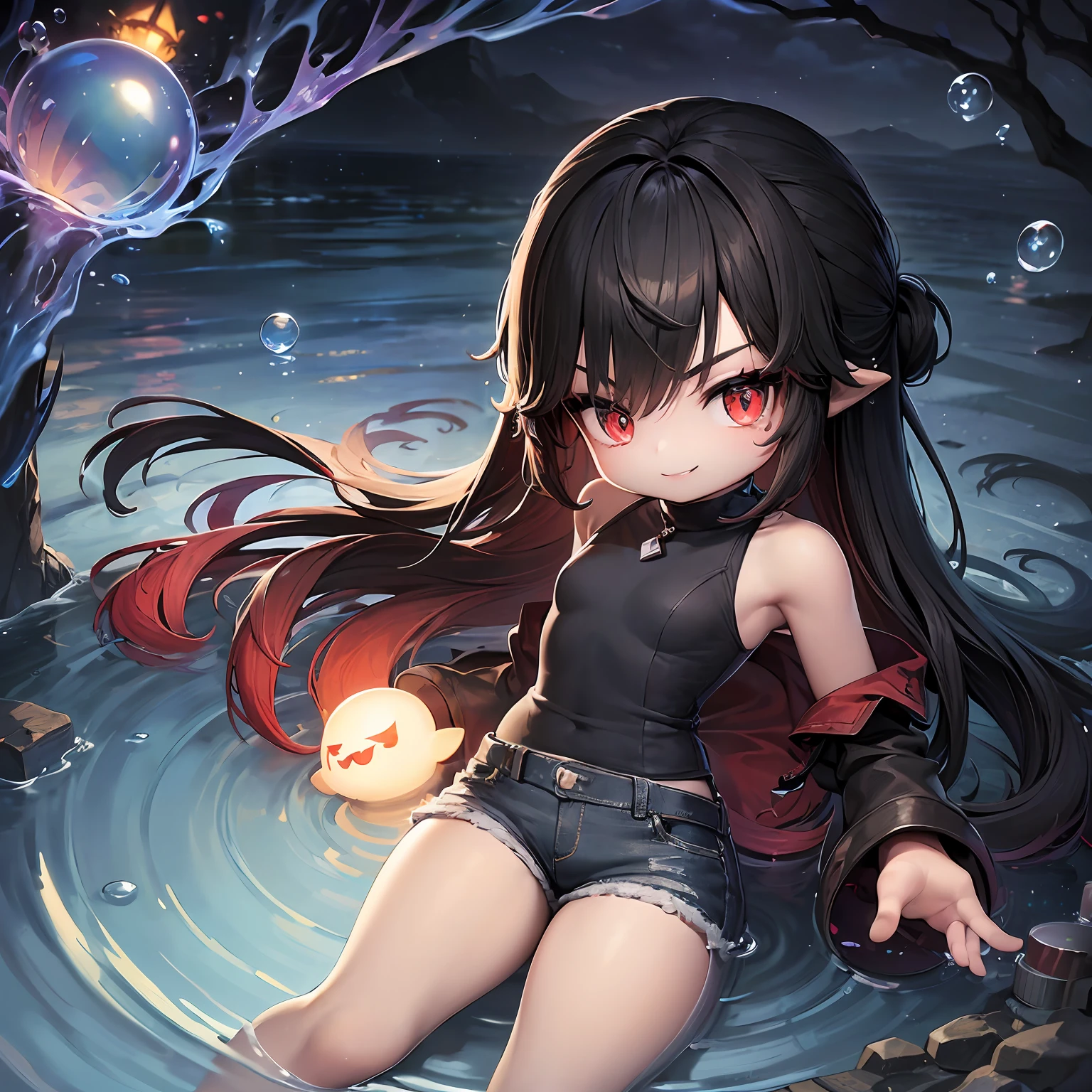 ((​masterpiece、top-quality))、(Complex lighting)、odious body、morning、suns、sea bathing、Floating in the air、(((Lots of glowing bubbles flutter、Splash paint)))、Small Devil、独奏、full body Esbian、1girl in、red eyes、Long Black Hair、tanktop shirt、Jeans shorts、absurderes, Grayscale BreakGuess Gaze、(evil smile:1.4)、looking at the viewers、sharpteeth、(Crazy red eyes with small pupils:1.1)、yandere、Middle Finger、Chibi、