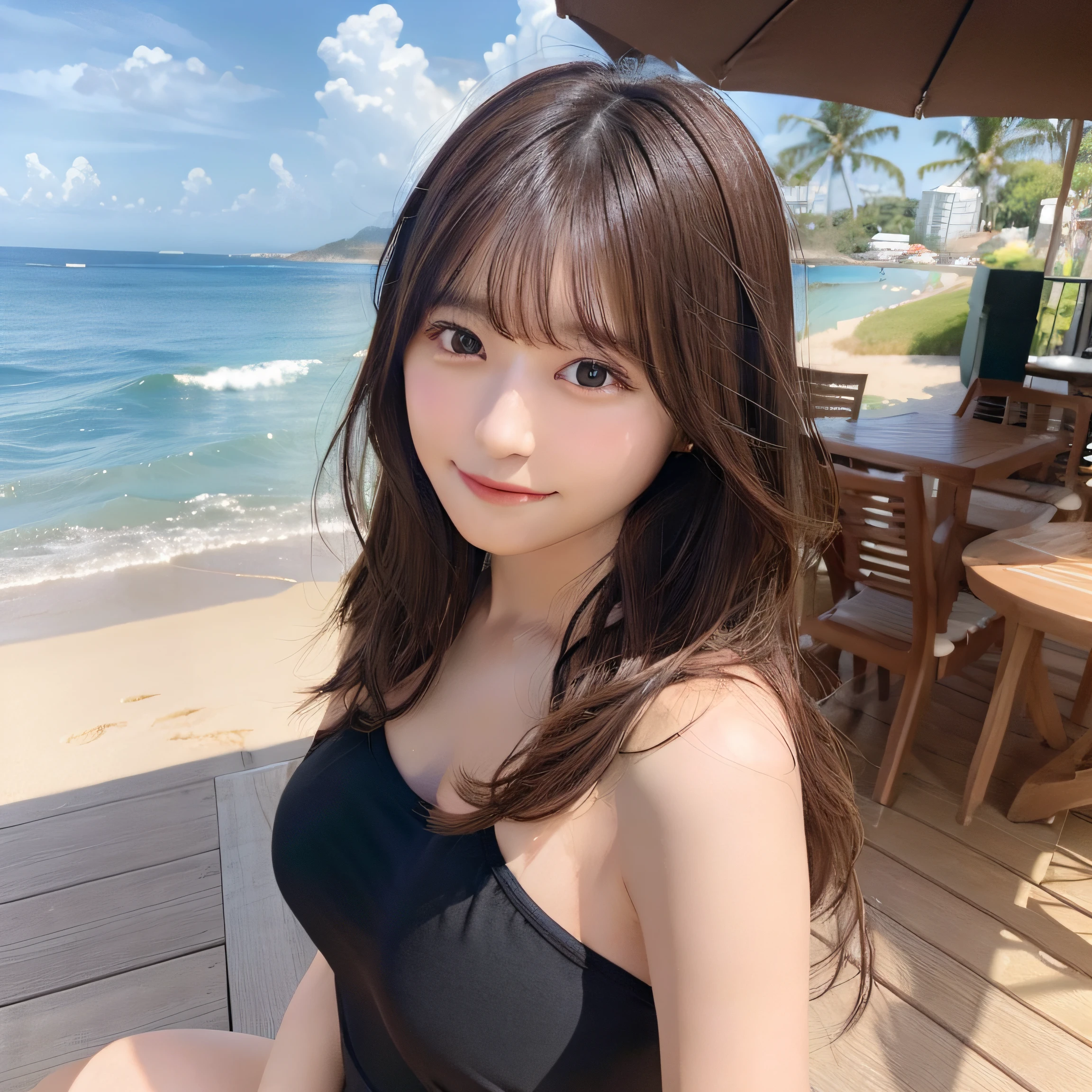 8k,Best Quality, 超A high resolution, (Photorealistic:1.4),​masterpiece:1.3, Raw photo, (upper thigh:1.6, From Side:0.7), (bokeh:1.２), sea side:1.3, (in a suite:1.6),sand beach:1.1, 1 Japanese girl, Cute, (独奏:1.6), (Shy smile), Smooth skin, (Brown medium hair,bangs), (touch hair:1.4),nogizaka,Cute swimsuit,Beautiful black eyes:1.３、full bodyesbian:1.4,ample breasts