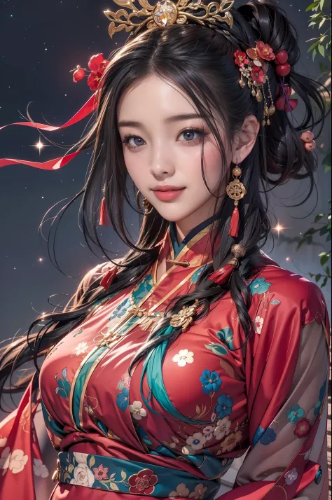 Countless starry skies、Shining stars、Milky way、the beautiful night sky:1.0、A dark-haired、Longhaire、Japan women、big eye、Double eyes、Well-formed face、Grinning smile、large full breasts、Hairstyles in the style of ancient Chinese、up hairstyle、Glitter Hair Ornam...
