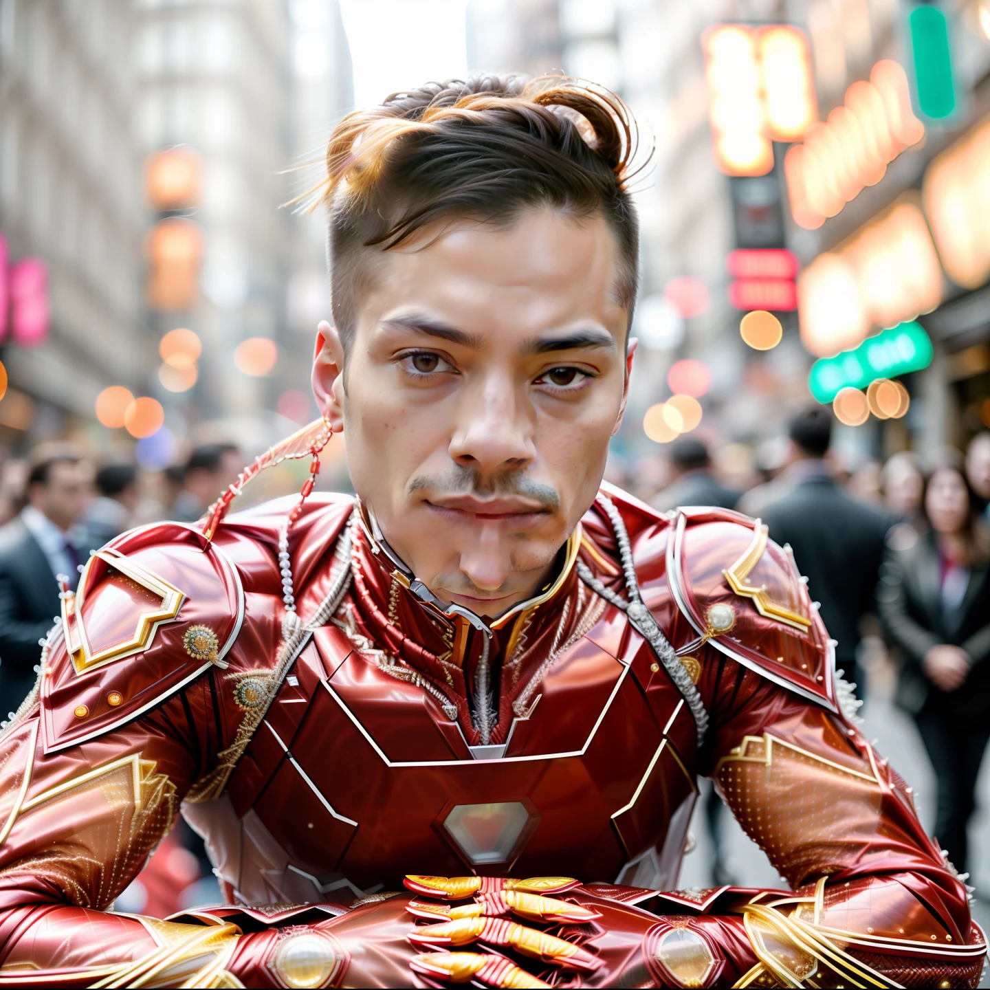 close up, one man wearing an immaculately detailed [red|golden] weird future fashion transparent plastic intricate iron man armor with golden color accents, golden exposed circuitry and embroidery, head visible, with detailed side shaved long punk hairstyle, smirking, extremely detailed face, brown eyes, standing next to a crowded new york city street parade celebration, cinematic photography, low contrast, overcast, hdr, raw photograph