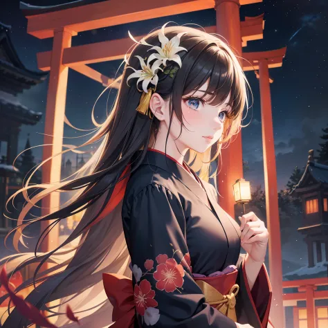 "This is a beautiful and aesthetic watercolor painting, featuring a girl whose hair, adorned with spider lily (Higanbana) flowers, is a vibrant mix of half black and half red, reminiscent of striking licorice flowers. She is dressed in a black kimono, danc...