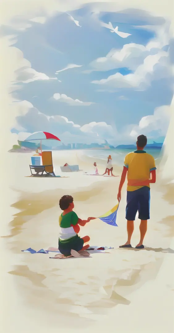 There is a painting，A man and a woman fly a kite, on  the  beach, in the beach, in beach, On a beach, On a sunny beach, sunny day at beach, Beach scene,