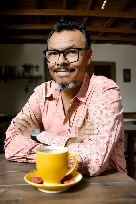 guttonervision8, a colorful photograph of a man with a subtle smile, wearing a hawaiian-style floral shirt and glasses. in front...