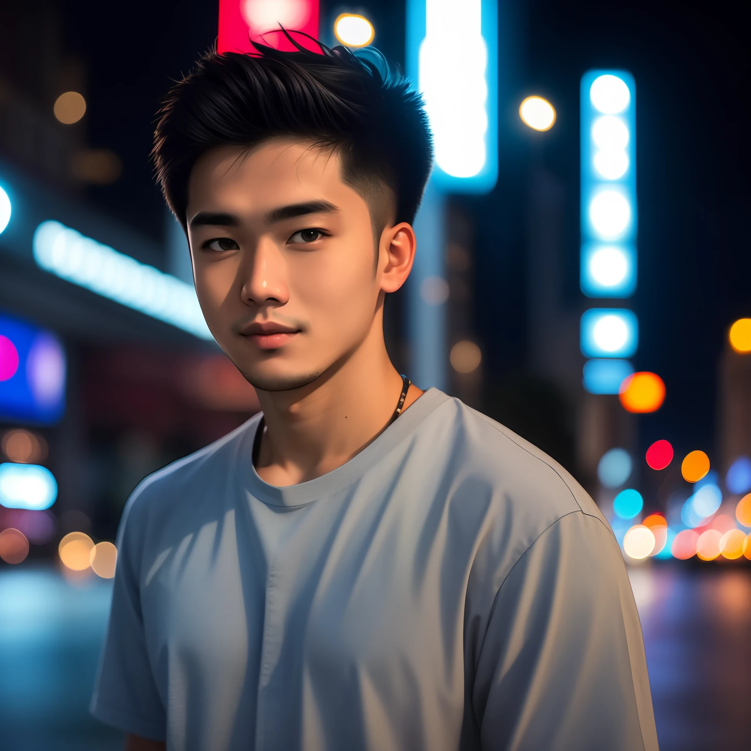 RAW photo, a portrait photo of 25 y.o man in casual clothes, night, city street, (high detailed skin:1.2), 8k uhd, dslr, soft lighting, high quality, film grain, Fujifilm XT3