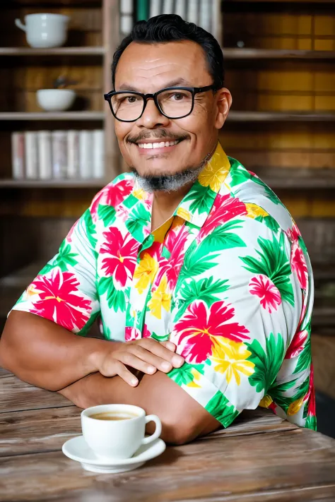 guttonervision8, a colorful photograph of a man with a subtle smile, wearing a hawaiian-style floral shirt and glasses. in front...