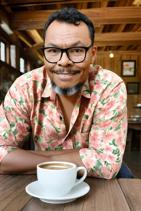 guttonervision8, a colorful photograph of a man with a subtle smile, wearing a hawaiian-style floral shirt and glasses. in front...