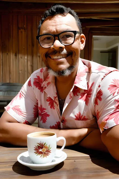 guttonervision8, uma fotografia colorida de um homem com um sorriso feliz, wearing a hawaiian-style floral shirt and glasses. in...