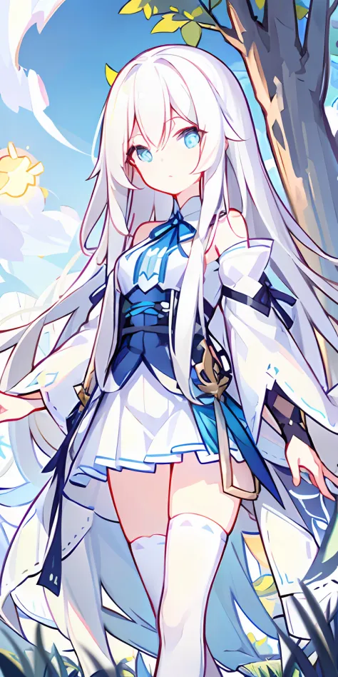 long  white hair，grassy fields，The tree，​​clouds，suns，Blue pupil，white  skirt，white stockings