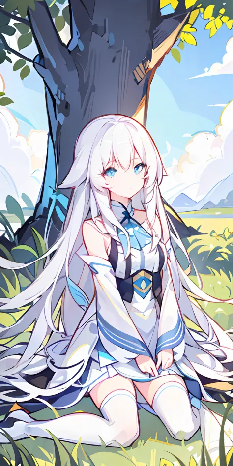 long  white hair，grassy fields，The tree，​​clouds，suns，Blue pupil，white  skirt，white stockings