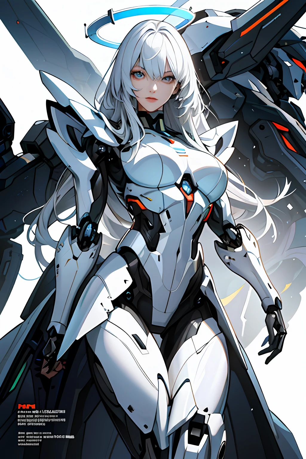 (magazine cover:1.3),ulzzang-6500, (realistic: 1.3) (original: 1.2), masterpiece, best quality, beautiful clean face, fullbody,  ((robot girl, mecha)), broken armor, mechanical halo, mechanical arms, white hair, long hair, ceramic body,  cyber background, extreme detailed city, (translucent body, reflection skin), 8k, best quality, ultra detailed, (hyperrealistic:1.4),