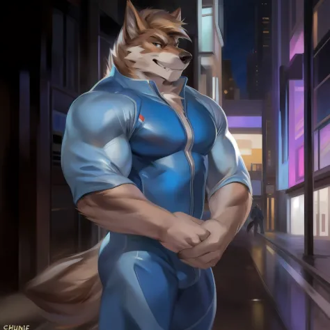 solo, male, standing, street, muscular, smirking, blue spacesuit, by chunie, ((hair, snout)), werewolf