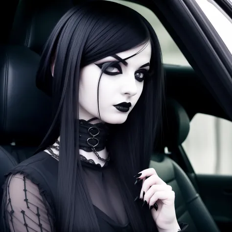 arafed woman with a choke on her neck in a car, goth girl aesthetic, 1 7 - year - old goth girl, darkwave goth aesthetic, pale g...