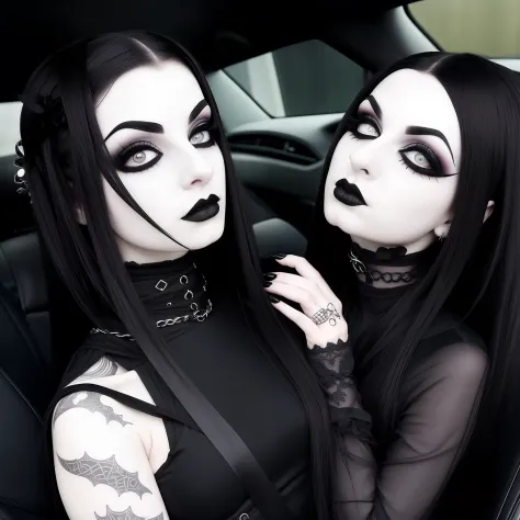 arafed woman with a choke on her neck in a car, goth girl aesthetic, 1 7 - year - old goth girl, darkwave goth aesthetic, pale g...