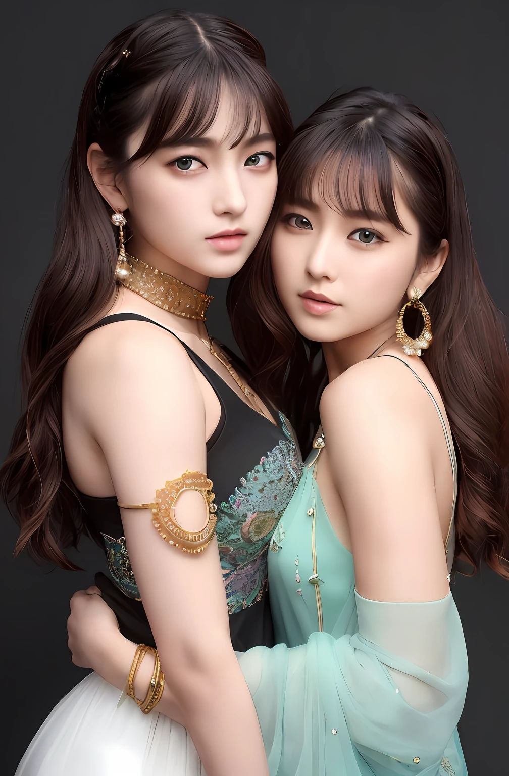 2girls,duo,8K Raw photograph,超高分辨率, filmgrain, filmg,view the viewer, Natural skin texture,Realistic eye and face details,((Realistic:1.5)),Ulzzang-6500:1.4,((Best quality)), ((Masterpiece)),((Detailed)),{2 beautiful women}, (Upper body:1.3),Hug and touch each other, Tease your friend's waist, Breathless friends, Biting a friend's earlobe, crouched,super wide shot,Face focus, Long legs,Curvy, Barefoot,Wide hips, Thin legs, Oversized eyes,Long eyelashes, (Detailed face,beautidful eyes, detailedpupils,detailed clothes features, Clear background:1.3), (armlets, bangle:1.3),bright detail,Sharp,Perfect compounding, Intricate, Sharp focus, Dramatic,