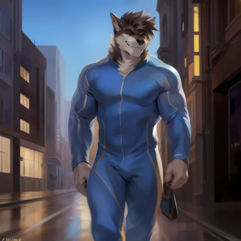 Solo, male, standing, street, muscular, smirking, blue spacesuit, by chunie, ((hair, snout)), black werewolf