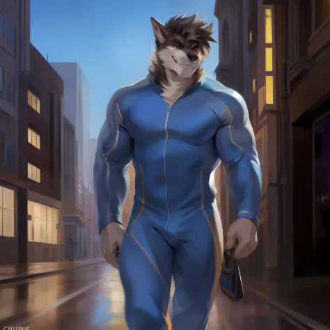 solo, male, standing, street, muscular, smirking, blue spacesuit, by chunie, ((hair, snout)), black werewolf