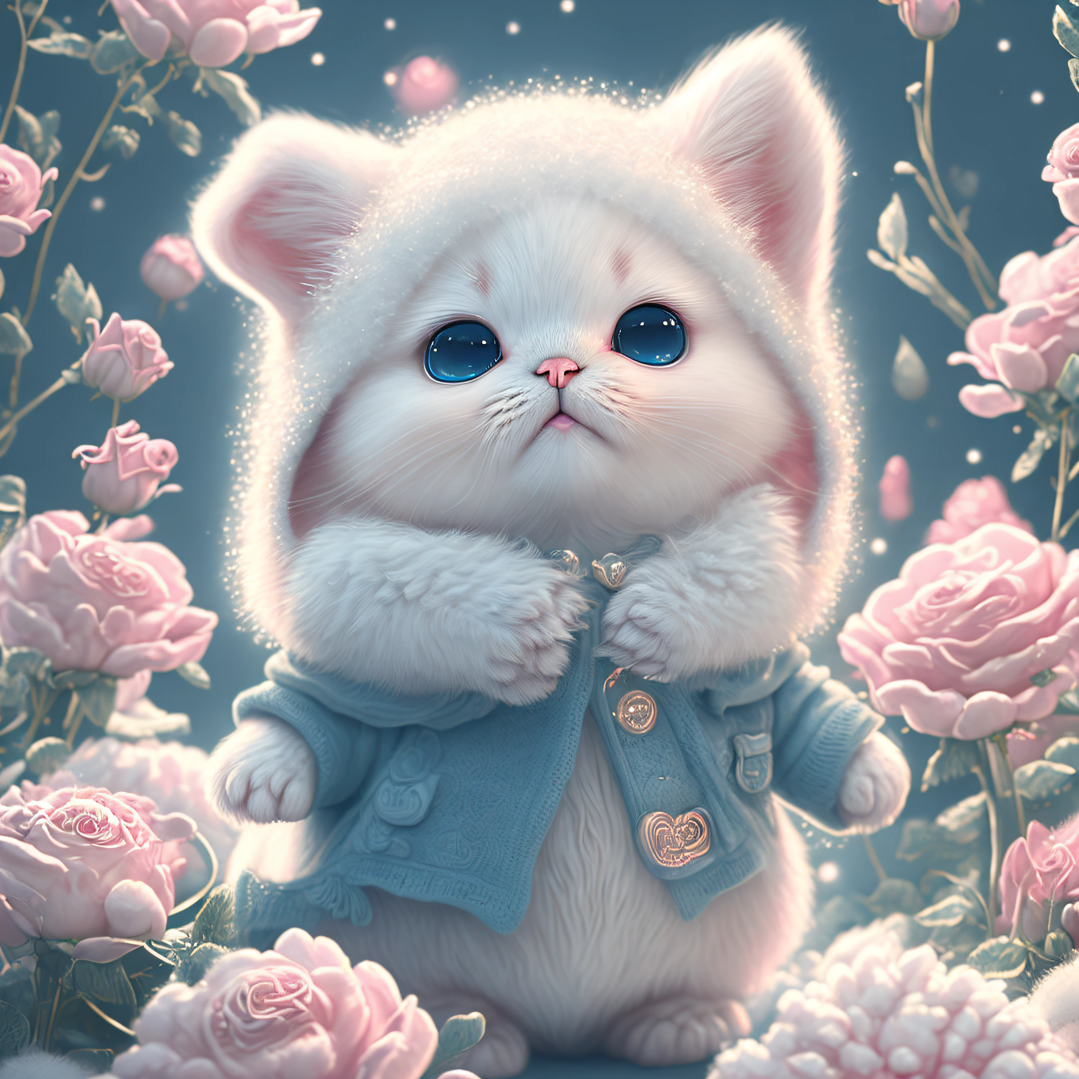 En este arte CG ultradetallado, Lindos gatitos rodeados de rosas etéreas., reírter, mejor calidad, alta resolución, detalles intrincados, Fantasía, Animales bonitos, bocas abiertas, reír!!