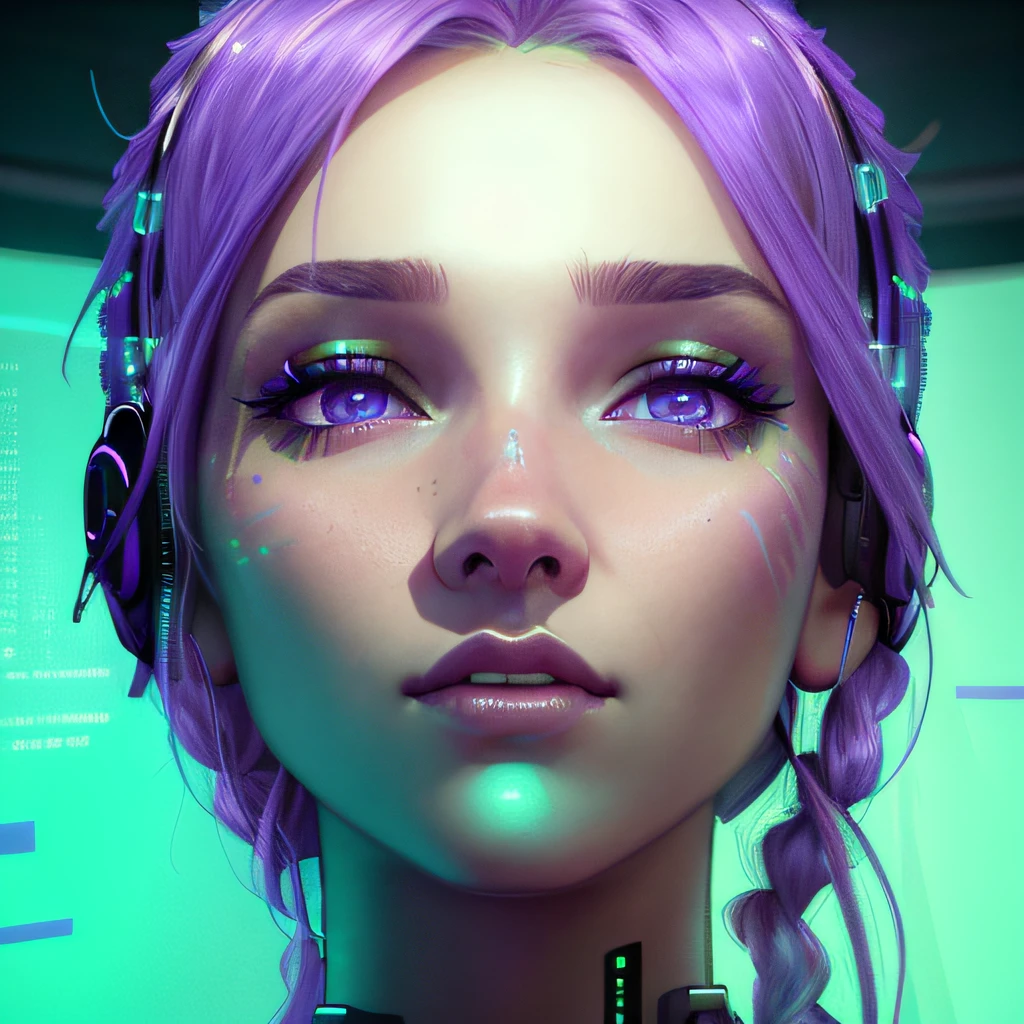 a close up of a woman with purple hair and a green light, portrait of female humanoid, portrait of a female android, glowwave girl portrait, portrait beautiful sci - fi girl, hyper-realistic cyberpunk style, unreal engine : : rave makeup, beautiful cyberpunk girl face, portrait of a sci - fi woman, attractive sci - fi face, futuristic woman portrait