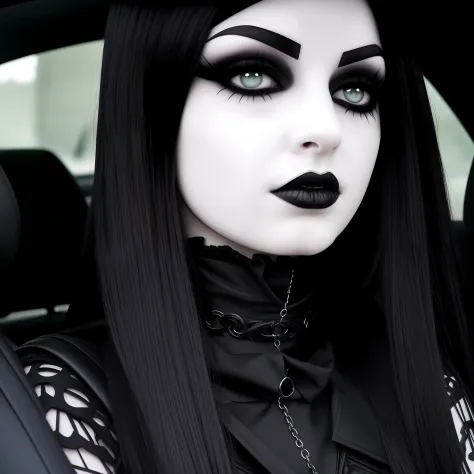 arafed woman with a choke on her neck in a car, goth girl aesthetic, 1 7 - year - old goth girl, darkwave goth aesthetic, pale g...