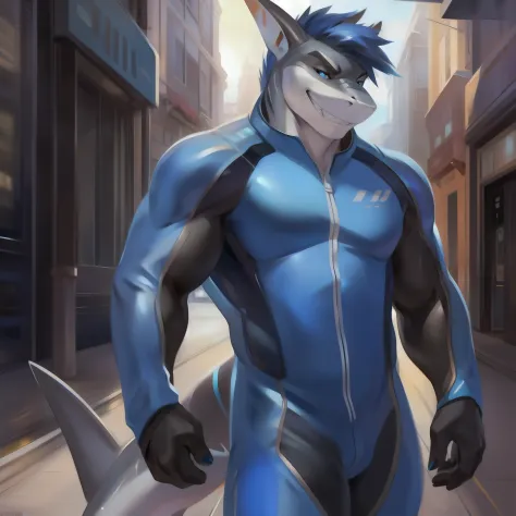 Solo, male, standing, street, muscular, smirking, (((blue spacesuit))), by chunie, ((hair, snout)), shark