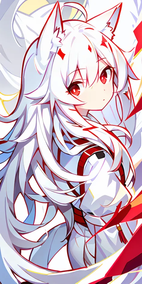 long  white hair，​​clouds，suns，red pupils，White civilian clothes，white stockings，White fox ears，