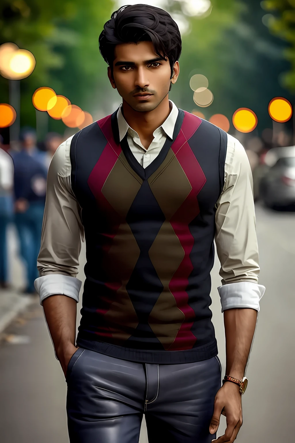 foto de un hombre indio, vistiendo un chaleco rojo de rombos, camisa con cuello verde, y jeans negros,  bokeh, fondo al aire libre, obra maestra, alta calidad, Fotorrealista, Moda