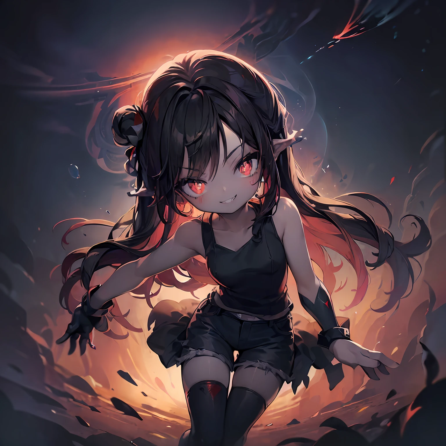 ((​masterpiece、top-quality))、(Complex lighting)、odious body、grass field、Floating in the air、(((Lots of glowing red bubbles flutter、Blood Splash Paint)))、Small Devil、独奏、1girl in、Long Black Hair、tanktop shirt、Jeans shorts、((Gloves on hands))、absurderes, Grayscale BreakGuess Gaze、(evil smile:1.4)、looking at the viewers、((sharpteeth))、(Crazy red eyes with small pupils:1.4)、yandere、jumpping、Chibi、