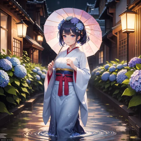 "In a beautiful watercolor painting, a young girl emerges as the centerpiece, dressed in traditional Japanese attire. Her hair mirrors the beauty of a hydrangea bloom, half being a vibrant blue, and the other half a soft light purple.

She walks alone on a...