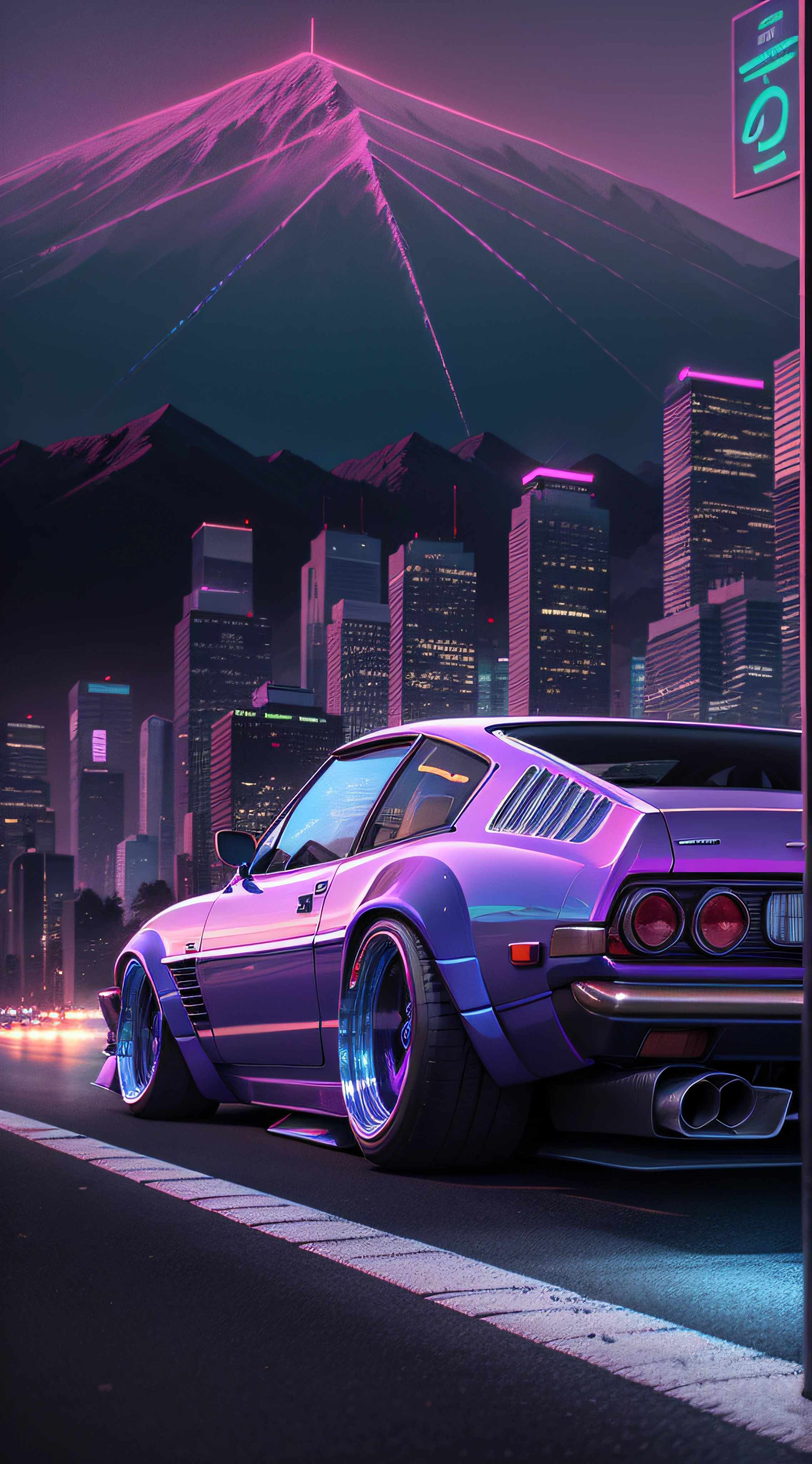 retrowave. City, 1969 Nissan S30, wide body kit, Road, PURPLE NEON MONITOR LIGHT, Sun, Mountain, (Masterpiece, Detailed, A high resolution),