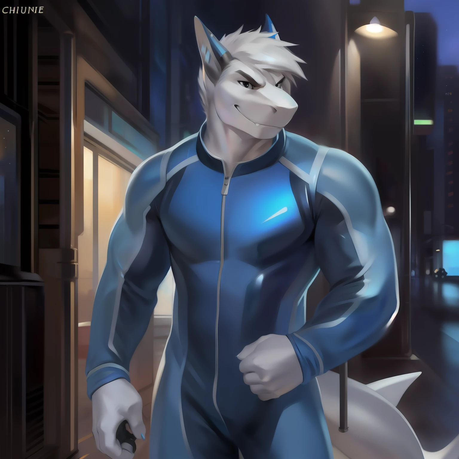 Solo, male, standing, street, muscular, smirking, (((blue spacesuit))), by chunie, ((hair, snout)), great white shark, grey skin, black eyes