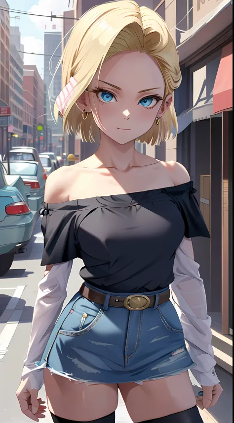 best qualtiy， A high resolution， and 18， 1girll， Android 18，(Off-the-shoulder attire:1.5)， 独奏， blond hairbl， eBlue eyes， short d...