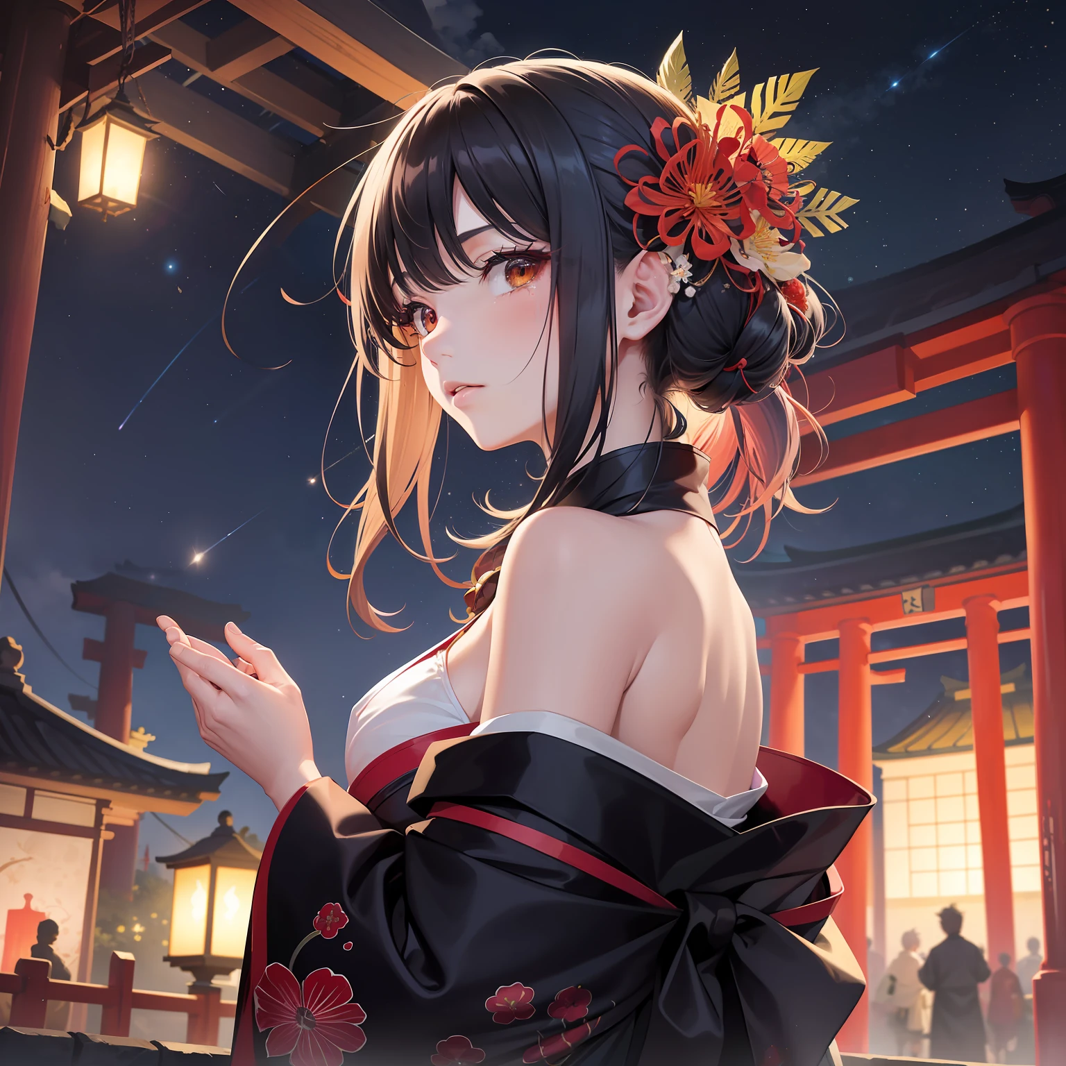 "This is a beautiful and aesthetic watercolor painting, Featuring Hair Girl, Decorated with spider lilies (Higanbana) Flowers, It's a vivid mix of half black and half red, reminiscent of impressive licorice flowers,. She wears a black kimono, Dance in front of a large torii gate. Set in a dark night、Starry sky nearby, Full of stars that seem to be within reach. Water and brightly colored sides complement the scene, Create an overall mystical atmosphere. The scenery around the shrine is not only breathtaking、It's also surreal, With lantern shining with fantastic light. The girl is depicted in tears while looking at fragments of memories, Express feelings of parting. It is very fantastic, Still a poignant image."