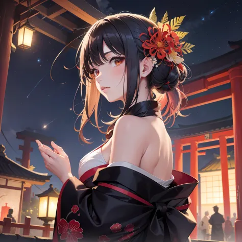 "This is a beautiful and aesthetic watercolor painting, Featuring Hair Girl, Decorated with spider lilies (Higanbana) Flowers, It's a vivid mix of half black and half red, reminiscent of impressive licorice flowers,. She wears a black kimono, Dance in fron...