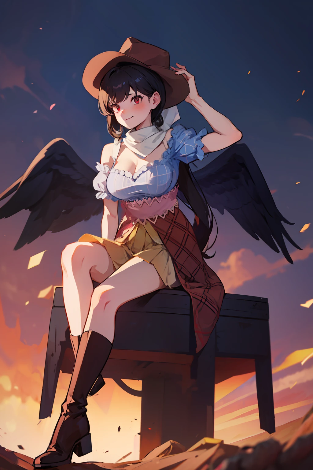 (masterpiece),best quality, expressive eyes, perfect face, 1girl,
big breast, H-cup, good breast, beautiful, gorgeous,anime,girl,lora, floating clothes, tent chest ,
 nipple visible  though clothes,Saki Kurokoma,
red eyes,
black hair,
short hair,
long ponytail,
black wings,
black horse tail,
brown cowboy hat,
brown boots,
light blue plaid shirt,
light pink shirt,
brown plaid skirt,
light orange skirt,
shoulders,
white bandana tied around neck,crazy smile,yameroyandere,yandere,crazy eyes,dark,glowing eyes,shaded face,empty eyes,w sitting, w sitting on ground,legs on ground,arms between legs, hands between thighs,both arms between legs