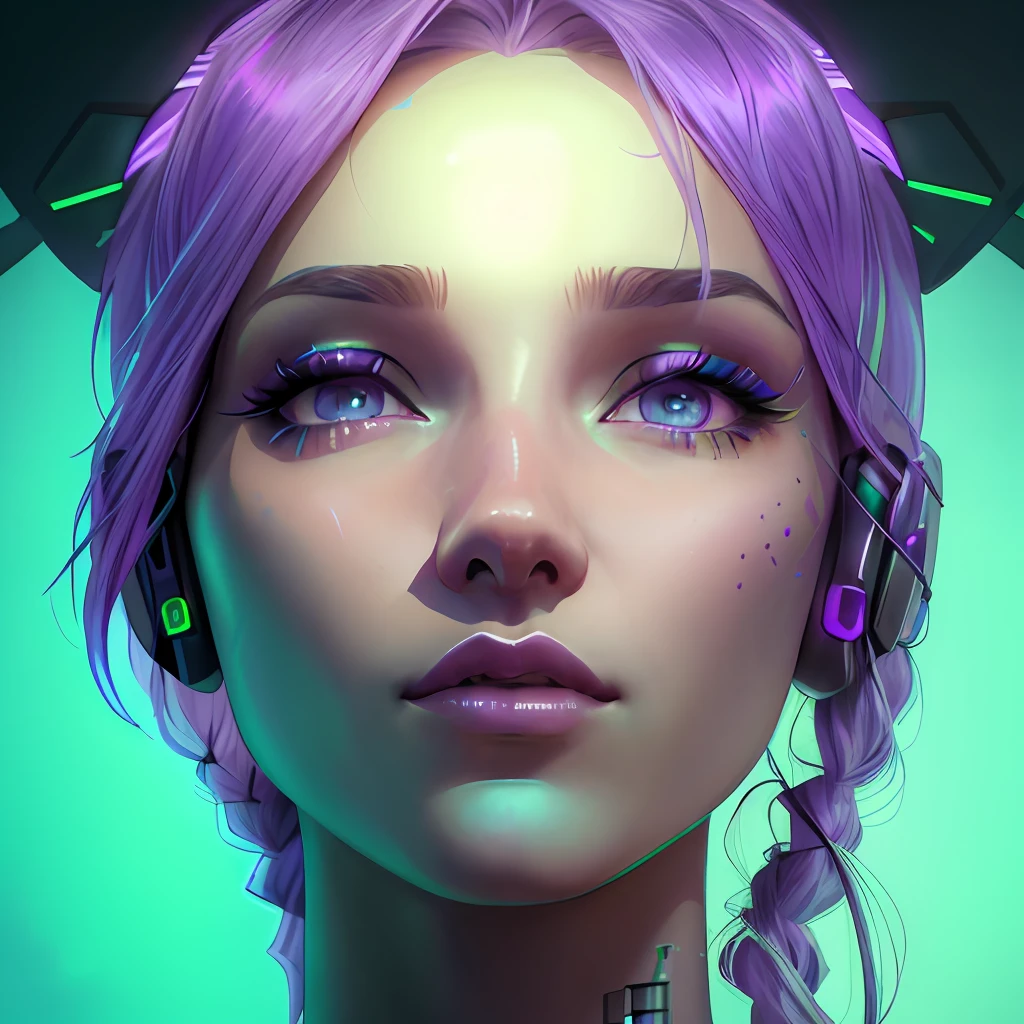 a close up of a woman with purple hair and a green light, portrait of female humanoid, portrait of a female android, glowwave girl portrait, portrait beautiful sci - fi girl, hyper-realistic cyberpunk style, unreal engine : : rave makeup, beautiful cyberpunk girl face, portrait of a sci - fi woman, attractive sci - fi face, futuristic woman portrait