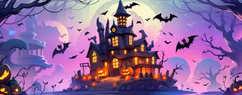 game building、the witch's house，halloween，the bats，jack-o'-lantern，cartoonish style，wide angles，in a panoramic view，angle of dep...