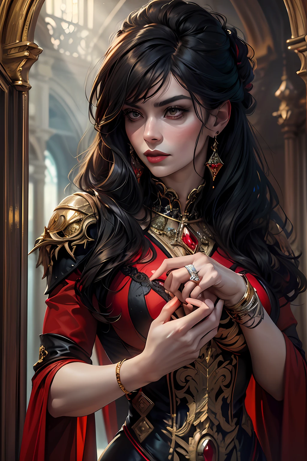 epic good looking woman wearing a red and black dress, offering a gold and red diamond ring in hand (intense details, Masterpiece, best details: 1.6), ultra detailed face (intense details, Masterpiece, best details: 1.5),standing in the door entrance, holding a red and gold ring (intense details, Masterpiece, best details: 1.6), black hair, red high heels, dim light, high details, best quality, 8k, [ultra detailed], masterpiece, best quality, (extremely detailed), ultra wide shot, photorealistic, gothic art,