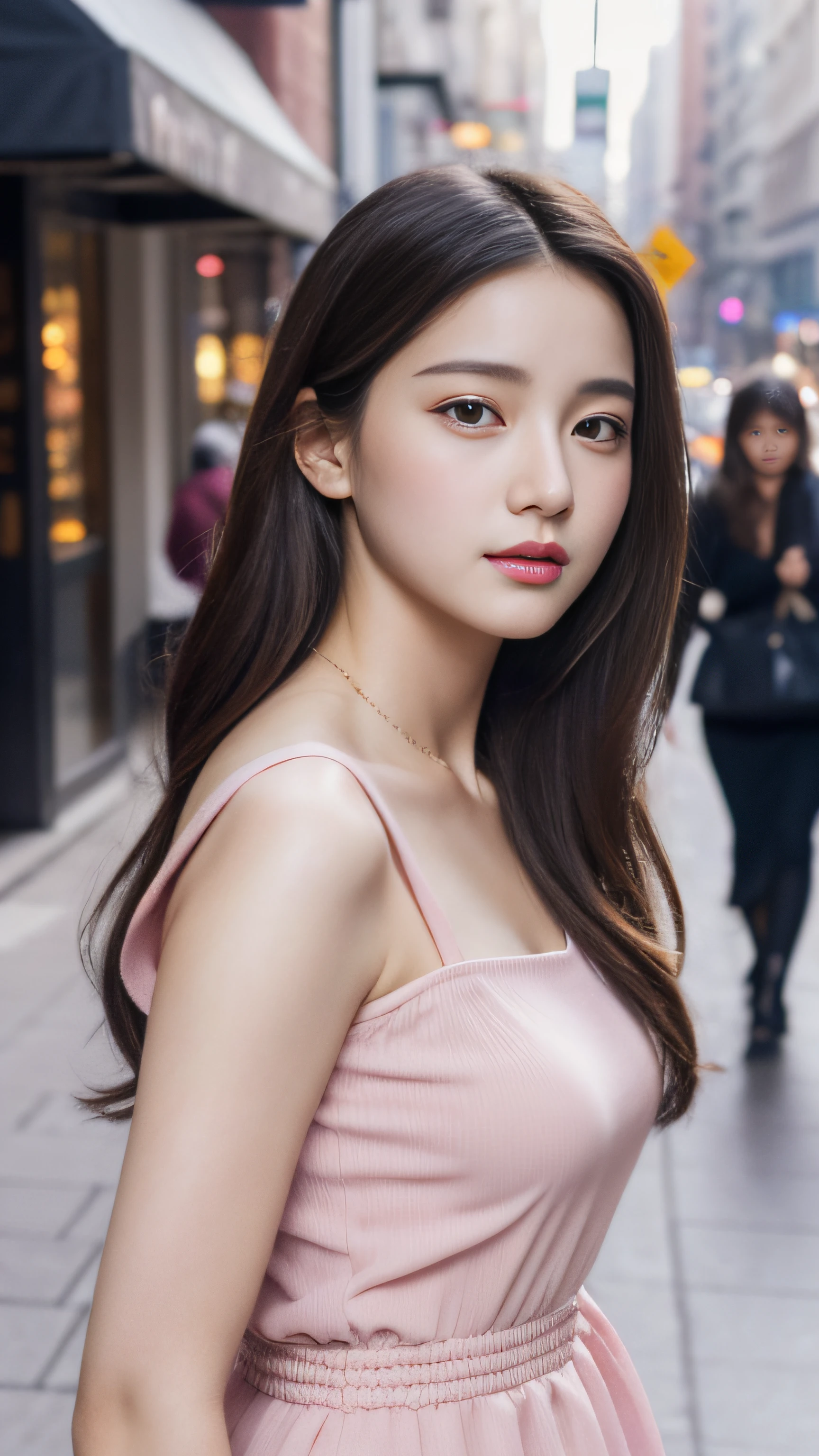 Walking on city streets, bandeau dress, wearing long gorgeous clothes, wearing pink flower long dress, shopping, in the city, highly detailed beautiful girl, highly detailed face, highly detailed eyes, highly detailed skin, highly detailed fingers, highly detailed nose, very detailed detailed mouth